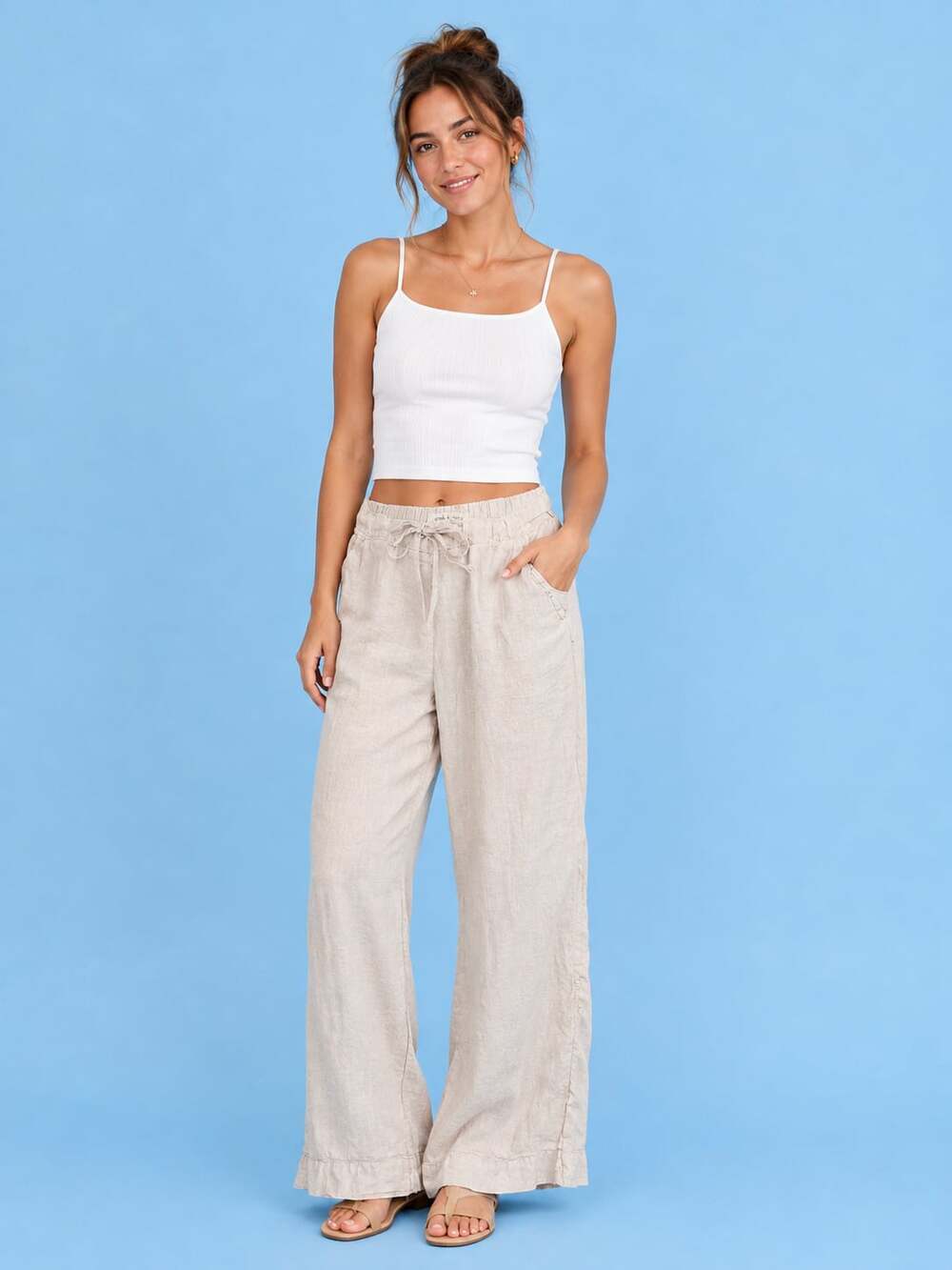 Cloth & Stone Anthropologie 100% Linen Drawstring Wide-Leg Pants